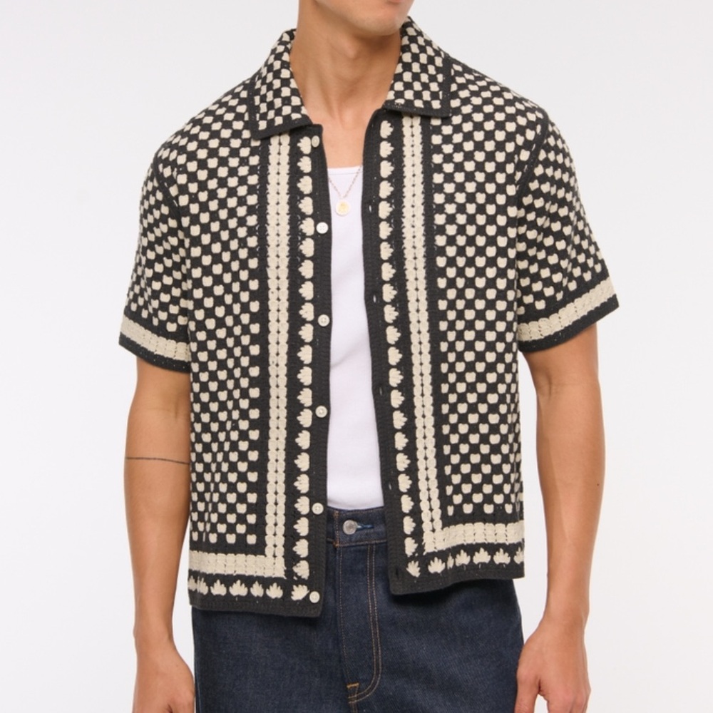 Crochet-Style Border Stripe Button-Down Sweater Polo from Abercrombie (2XL)